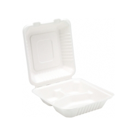 8" Bagasse Clamshell 3 Compartment Meal Box