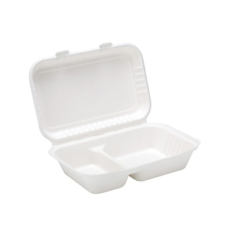 9" X 6" Bagasse 2 Compartment Clamshell Lunch Box